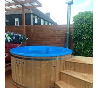 LayzeeTub XL Wood Fired 10 Person Hot Tub | Integrated Heater | Fibreglass Liner - Blue Gelcoat - Thermowood - Air | Hydro & Integrated LEDs