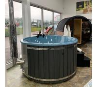 LayzeeTub XL Wood Fired 10 Person Hot Tub | Integrated Heater | Fibreglass Liner - Blue Pearl Gelcoat - WPC Composite - Air | Hydro & Integrated LEDs