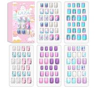 Laza 120pcs Nails Press On Pre-glue Full Cover Glitter Gradient Color Rainbow Sparkling Scale Wave AquariusShort False Nail Kits for Teenager Girls - Silver Pearl