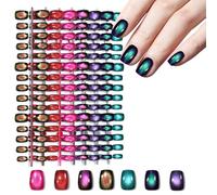 Laza 210pcs Cat Eye Press on Nails for Women 7 Colors Glossy Glitter Black Hole Short Square Reusable Nail Tips in 15 Sizes Long Lasting Salon Fake Nails Stick - Galaxy Chameleon