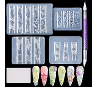 Laza 4pcs Silicone Nail Art Molds, Acrylic 3D Spring Summer Flower Nail Charms Molds Clear Modeling Templates Silicone Flowers Pattern Nail Tools with Sculpture Pen for Salon Nail Design
