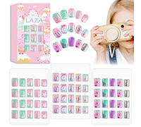 Laza 60pcs Children Nails Press On Pre-glue Full Cover Glitter Gradient Color Rainbow Sparkling Star Unicorn Shell Short False Nail Kits for Kids Teenager Girls - Mermaid Butterfly