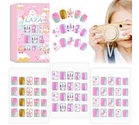 Laza 60pcs Children Nails Press On Pre-glue Full Cover Glitter Gradient Color Rainbow Sparkling Star Unicorn Shell Short False Nail Kits for Kids Teenager Girls - Purple Unicorn