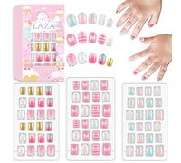 Laza 72pcs Nails Press On Pre-glue Full Cover Gold Silver Glitter Pink Blue Shell Star Heart Short False Nail Kits for Teenager Girls - Glitter Stars