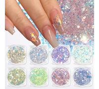 Laza 8 Colors Nail Art Glitter Diamond Dust Iridescent Nail Powder Chunky Glitter Confetti Foil Flakes Sequins for Nail Art Supplies, Gel Polish, Mermaid Makeup, Body, Resin - Glittering Iridescence