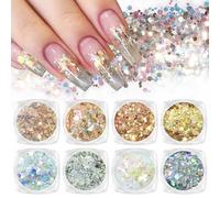 Laza 8 Colors Nail Art Glitter Diamond Dust Iridescent Nail Powder Chunky Glitter Confetti Foil Flakes Sequins for Nail Art Supplies, Gel Polish, Mermaid Makeup, Body, Resin - Dancing Sparkle