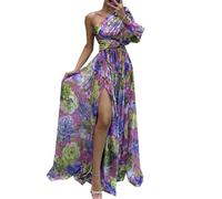 LAZIRO Women's Autumn and Winter Party Fashion Casual Hem Split Printed Dresses Loose Slant Shoulder Dresses Purple