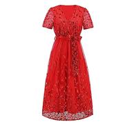 LAZIRO Women's Printed Mesh Dress Skirt Fashion Slim V-Neck Mid-Waist Tie Short-Sleeved Mid-Length Dresses