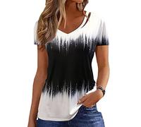LAZIRO Women's Spring and Summer Hollow V-Neck Loose Short-Sleeved Printed Commuter T-Shirt Black