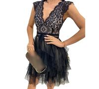 LAZIRO Women's Spring and Summer Temperament Sexy V-Neck Lace Lace Sleeveless Party Pleated Dresses Black