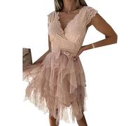 LAZIRO Women's Spring and Summer Temperament Sexy V-Neck Lace Lace Sleeveless Party Pleated Dresses Pink