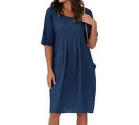 LAZIRO Women's Summer Cotton Linen Pleated Pocket Casual Loose Round Neck Short Sleeve Dress Women Blue