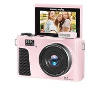 Lazmin112 8K Digital Camera, 88MP, 3 Inch 180° Flip Screen, 18X Zoom, Dual Battery, Autofocus, WiFi Mirrorless Camera with Lens Cap, Hot Shoe, Pop Up Flash, 32GB, for Photography (Pink)