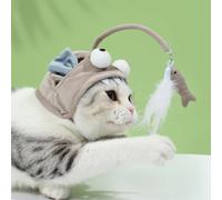 Lazmin112 Cat Fishing Headdress Toy Cute Interactive Hat for Funny Feather Bait Replaceable Pendant, Soft Kitten Teaser Toy for Playing Alone, for Cat Lovers (Gray Big Eye Fish)