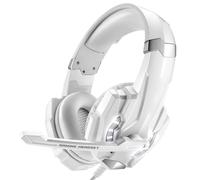 Lazmin112 Gaming Headset, 40mm Drivers Over Ear Headphones with Adjustable 120° Noise Canceling Mic and LED Light, for Laptop, Tablet, Mobile Phones, Desktop PC, Gaming Console (White)