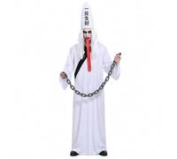 Lazutom Mens Halloween Costume Scary Grim Reaper Robe Chinese Ghost Outfit Hat Tongue Wig Chain, White, One size