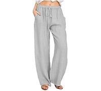 Lazutom Women Cotton Linen Wide Leg Beach Trousers High Waisted Drawstring Loose Pants with Pockets (16, Light Grey)