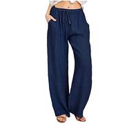 Lazutom Women Cotton Linen Wide Leg Beach Trousers High Waisted Drawstring Loose Pants with Pockets (8, Navy Blue)