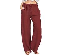 Lazutom Women Cotton Linen Wide Leg Beach Trousers High Waisted Drawstring Loose Pants with Pockets (18, Wine Red)
