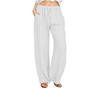 Lazutom Women Cotton Linen Wide Leg Beach Trousers High Waisted Drawstring Loose Pants with Pockets (20, White)