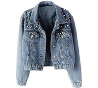 Lazutom Women Vintage Denim Jacket Pearls Beading Jeans Coat