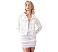 Lazutom Women Vintage Denim Jacket Pearls Beading Jeans Coat