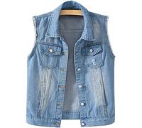 Lazutom Women's Button Up Sleeveless Distressed Jean Denim Vest Jacket Waistcoat
