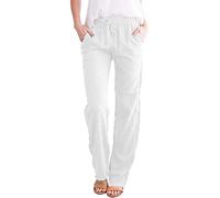 Lazutom Women's Casual Cotton Linen Pants Casual Drawstring Elastic Waist Beach Trousers Lounge Bottoms (UK 10, White)