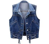 Lazutom Women's Casual Denim Vest Lace Up Buttoned Washed Jean Jacket Waistcoat (UK 18, Deep Blue)