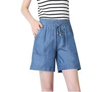 Lazutom Womens Casual Elastic Drawstring Waist Wide Leg Tencel Denim Bermuda Shorts (UK 6, Blue)