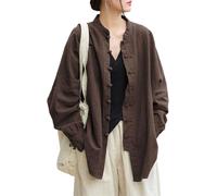 Lazutom Women's Cotton Linen Frog Button Mandarin Collar Chinese Martial Arts Kung Fu Tai Chi Shirt Tunic Brown