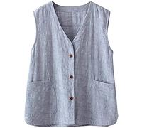 Lazutom Women's Cotton Linen Vest V-Neck Button Down Jacquard Sleeveless Waistcoat (12, Grey)