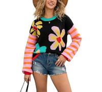 Lazutom Womens Daisy Floral Striped Jumper Long Sleeve Knit Pullover Cute Autumn Winter Sweater Casual Carnival Holiday Outfit Black