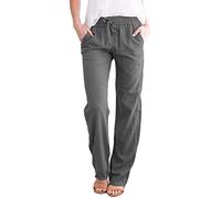 Lazutom Women's Drawstring Cotton Linen Beach Pant Elastic Waist Loose Fit Summer Trousers (UK 10, Deep Grey)