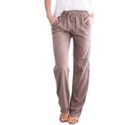Lazutom Women's Drawstring Cotton Linen Beach Pant Elastic Waist Loose Fit Summer Trousers (UK 8, Khaki)
