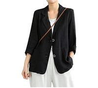 Lazutom Women's Notched Lapel Two Button Cotton Linen Blazer Jacket Suit (10, Black)
