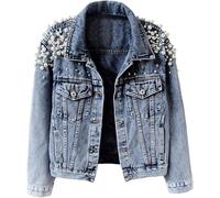 Lazutom Womens Plus Size Rhinestone Denim Jacket Oversized Pearl Embellished Jean Coat Embroidered Y2K Streetwear Festival Outfit