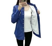 Lazutom Women's Winter Cotton Fleece Lined Long Sleeve Button Down Denim Shirt (UK 6, Deep Blue)