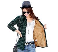 Lazutom Women's Winter Warm Long Sleeves Fleece Lined Plaid Shirt Blouse Green