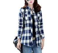 Lazutom Women's Winter Warm Long Sleeves Fleece Lined Plaid Shirt Blouse Navy Grey