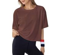 lazvmu Women's Oversize Workout Crop Tops Casual Short Sleeve Drop Shoulder Boxy T-Shirts Roll Hem Basic Loose for 2025, Earth, XL