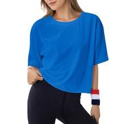 lazvmu Women's Oversize Workout Crop Tops Casual Short Sleeve Drop Shoulder Boxy T-Shirts Roll Hem Basic Loose for 2025, Blue Flame, XL