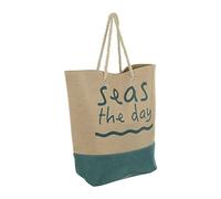 Lazy Beach Bag Extra Large Turquoise Stripe Seas The Day Slogan Canvas Style Jute Holiday Shopper Wove Rope Handles Magnetic Clip Fastener Phone Pocket Fully LIned