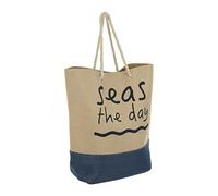 Lazy Beach Bag Women's Extra Large Blue Stripe Seas The Day Slogan Canvas Style Jute Holiday Shopper Wove Rope Handles Magnetic Clip Fastener Phone Pocket Fully Lined, Neutral, one Size
