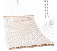 Lazy Daze Hammocks 12 FT Double Quilted Fabric Hammock with Spreader Bar and Detachable Pillow, 2 Person Hammock for Outdoor Patio Backyard Poolside, 450lbs Weight Capacity, Natural