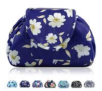 Lazy Drawstring Makeup Bags, Large Capacity Waterproof Travel Portable Cosmetic Bag Pouch Makeup Pouch Storage Organiser for Women Girl (Blue Floral)