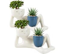 Lazy Guy Planter, Lazy Little Character Flowerpot, Relaxing Person Holding Pot Planter, Funny Plant Pots Unique Shape Pot for Succulents Cactus with Drainage Hole for Home Garden Decor (Blue2pcs)