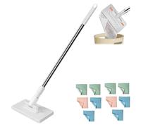 Lazy Mop Clip On,Disposable Dust Portable Mop with 10 Reusable Cloths,Hands-Free with Automatic Cloth Changing & 360°,Wet and Dry Floor Mops, Compatible with Reusable Towels & for Floor Wall (White)