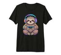 Lazy Sloth Gamer with Colorful Headphones Controller Premium T-Shirt