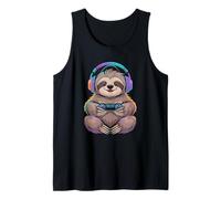 Lazy Sloth Gamer with Colorful Headphones Controller Tank Top